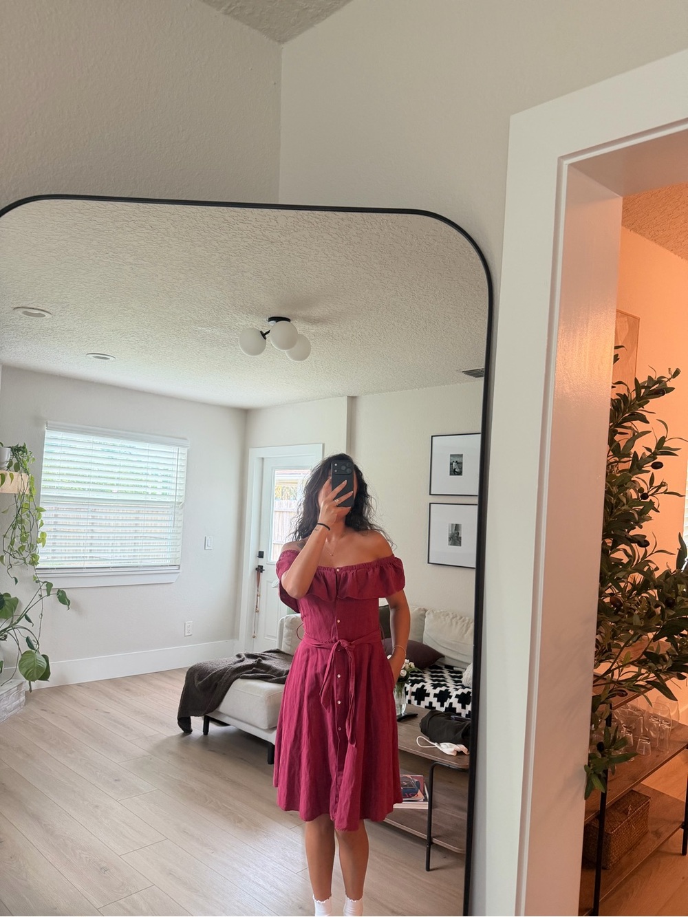 Off-Shoulder Button-Front Midi Dress in Deep Raspberry - Picture 3 of 3